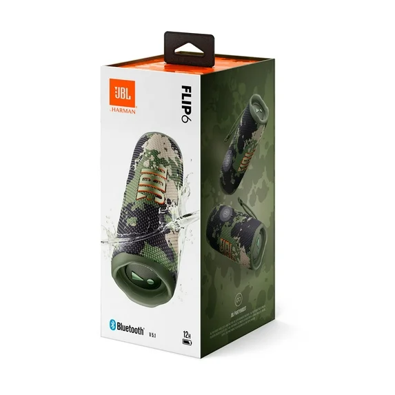 JBL Flip 6 – Camouflage combines powerful sound, rugged durability, long battery life, and safe USB-C charging, making it the perfect portable speaker for adventures, travel, and everyday listening.