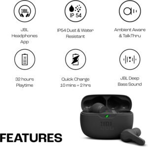 JBL Wave Beam True Wireless Earbuds, Deep Bass, Comfort Fit, 32H Battery, Smart Ambient, TalkThru, Hands-Free + VoiceAware, Water and Dust Resistant - Black - Image 5