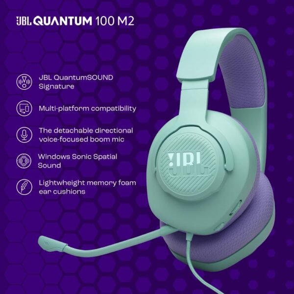 JBL Quantum 100M2 Wired Over-Ear Gaming Headset with JBL QuantumSOUND Signature, 3.5 mm Jack, Multi-Platform Compatibility and Removable Microphone with Mute Option, Cyan - Image 2