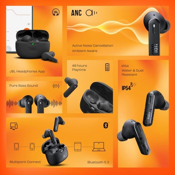 JBL Tune 245NC in Ear Wireless TWS ANC Earbuds, Customized Extra Bass with Headphones App, 48H Battery, Dual Connect, Quick Charge, IP54, Bluetooth 5.3, 3Months Additional Warranty (Black) - Image 2