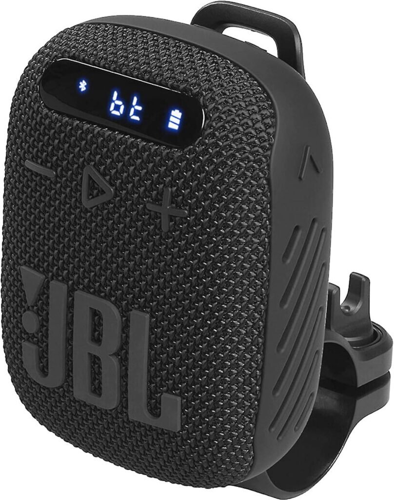 JBL Wind 3 Portable Bluetooth Speaker with FM radio, IP67 waterproof design, bike mount, and long battery life for outdoor adventures.