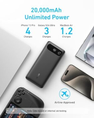 Anker Power Bank, 20,000mAh with Built-in USB-C Cable, 87W Max Fast Charging (PowerCore 20K for Laptop) Lenovo, HP, Dell, Microsoft, MacBook, iPad, iPhone, Apple Watches, Samsung and More - Black - Image 3