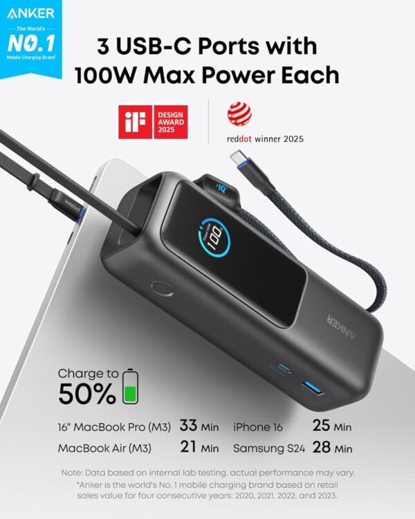 Anker Zolo Laptop Power Bank, 25,000mAh, 165W Ultra-Fast Portable Charger for Dual Laptops, Fast Charging Battery Pack with Built-In and Retractable Cables, For iPhone 16/15 Series, Samsung, and More - Image 3