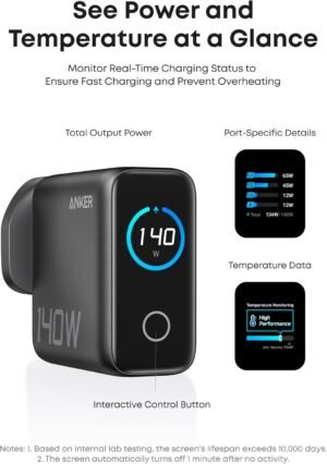 Anker 140W USB C Charger, Laptop Charger, 4-Port Multi-Device Fast Charging, Advanced GaN Power Adapter, Intuitive Touch Controls, Compatible with MacBook, iPhone 16 Series, Samsung, Pixel, and More - Image 4