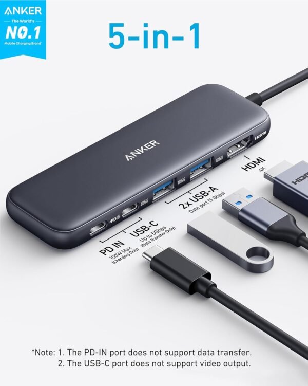 Anker 332 USB-C Hub (5-in-1) with 4K HDMI Display, 5Gbps - and 2 5Gbps USB-A Data Ports and for MacBook Pro, MacBook Air, Dell XPS, Lenovo Thinkpad, HP Laptops and More - Image 2