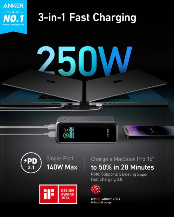 Anker Prime Power Bank, 27,650mAh 3-Port 250W Portable Charger (99.54Wh) Smart App, Smart Digital Display, Compatible with MacBook Pro/Air, iPhone 16/15/14 Series, Samsung, Huaiwei, Dell, Xiaomi - Image 6