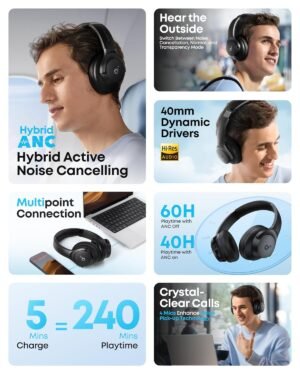 Soundcore by Anker Q20i Hybrid Active Noise Cancelling Headphones, Wireless Over-Ear Bluetooth, 40H Long ANC Playtime, Hi-Res Audio, Big Bass, Customize via an App, Transparency Mode - Image 10