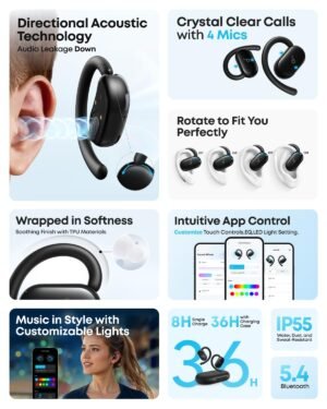 soundcore V20i by Anker Open-Ear Headphones, Adjustable Ear Hooks, Ultra-Comfort, Snug Fit, 16mm Drivers, 4 Mics, IP55, LED Lights, 36H Playtime, Fast Charging,Bluetooth 5.4, Multipoint Connection - Image 7