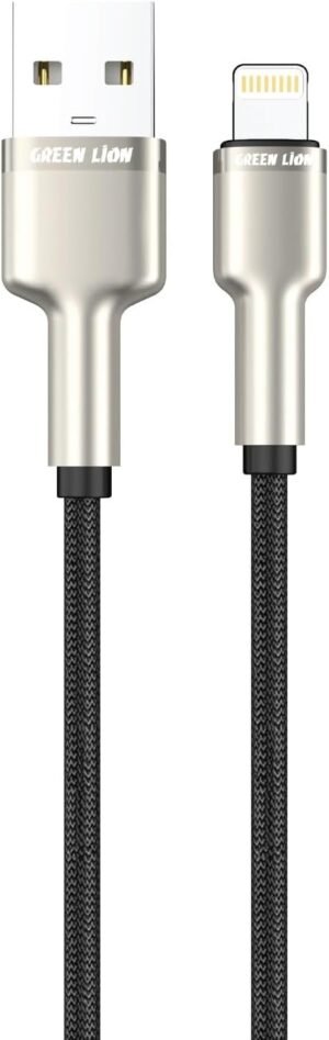 Green Lion USB-A to Lightning Head Braided Zinc Alloy 1m Cable, 480Mbps Transfer Speed, Fast Charge, +10000 Bends Lifespan, Compatible with iPhone - Black - Image 2