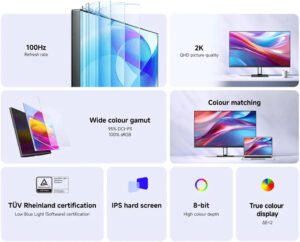 Xiaomi A27Qi Monitor, 27" IPS Display, QHD Resolution, 100Hz Refresh Rate, 6ms (GtG) Response Time, T V Rheinland certification, 16.7m Color Support, Black - Image 4