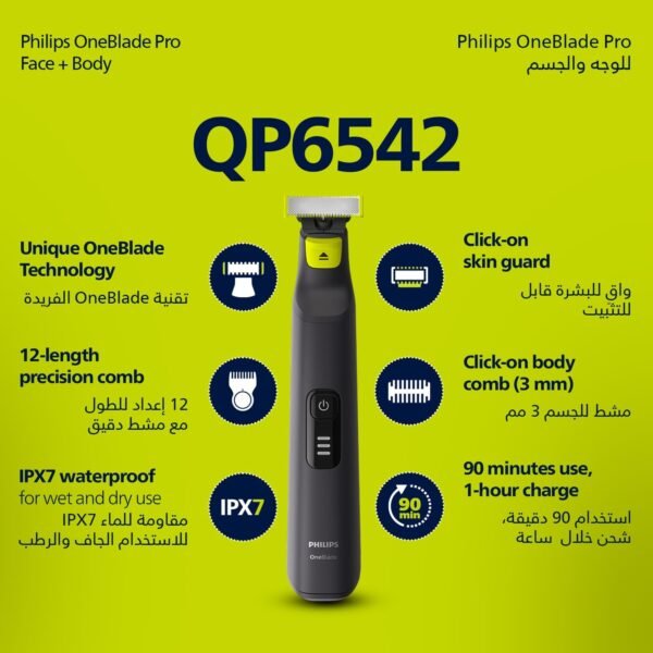 Philips OneBlade QP1424/10 | Trim, Edge & Shave Any Length | 2 Stubble Combs, Dual-Sided Blade | Wet & Dry Use, 30min Cordless - Image 3