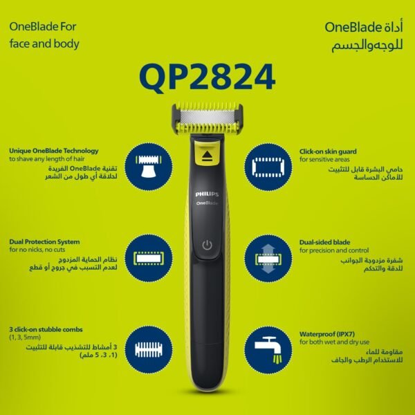 Philips OneBlade Face & Body QP2824 | Dual-Sided Blade | Unique OneBlade Technology | 45min Cordless | Waterproof | Electric Beard Trimmer & Shaver - Image 8