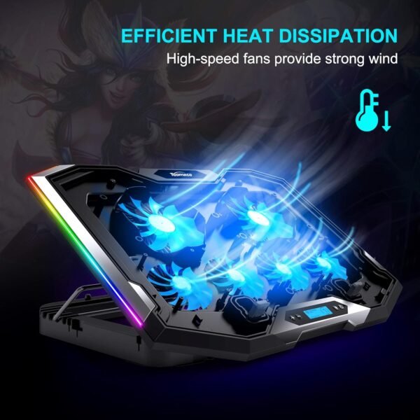 TopMate C11 Laptop Cooler Pad RGB Gaming Notebook Cooler, Laptop Fan Stand Adjustable Height With 6 Quiet Fans And Phone Holder, Computer Chill Mat, For 15.6-17.3 Inch Laptops - Blue LED Light-Black - Image 2