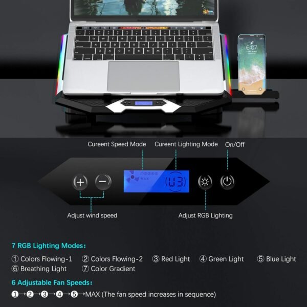 TopMate C11 Laptop Cooler Pad RGB Gaming Notebook Cooler, Laptop Fan Stand Adjustable Height With 6 Quiet Fans And Phone Holder, Computer Chill Mat, For 15.6-17.3 Inch Laptops - Blue LED Light-Black - Image 3