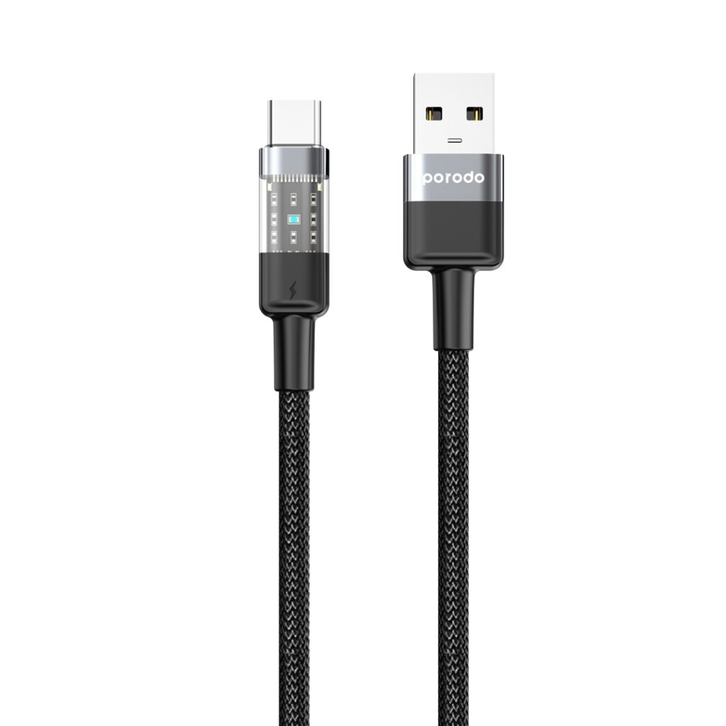 PD 3AACTH BK Porodo Braided 3A PD A to C Fast Charging cable with Transparent Head 1.2M Black All Products