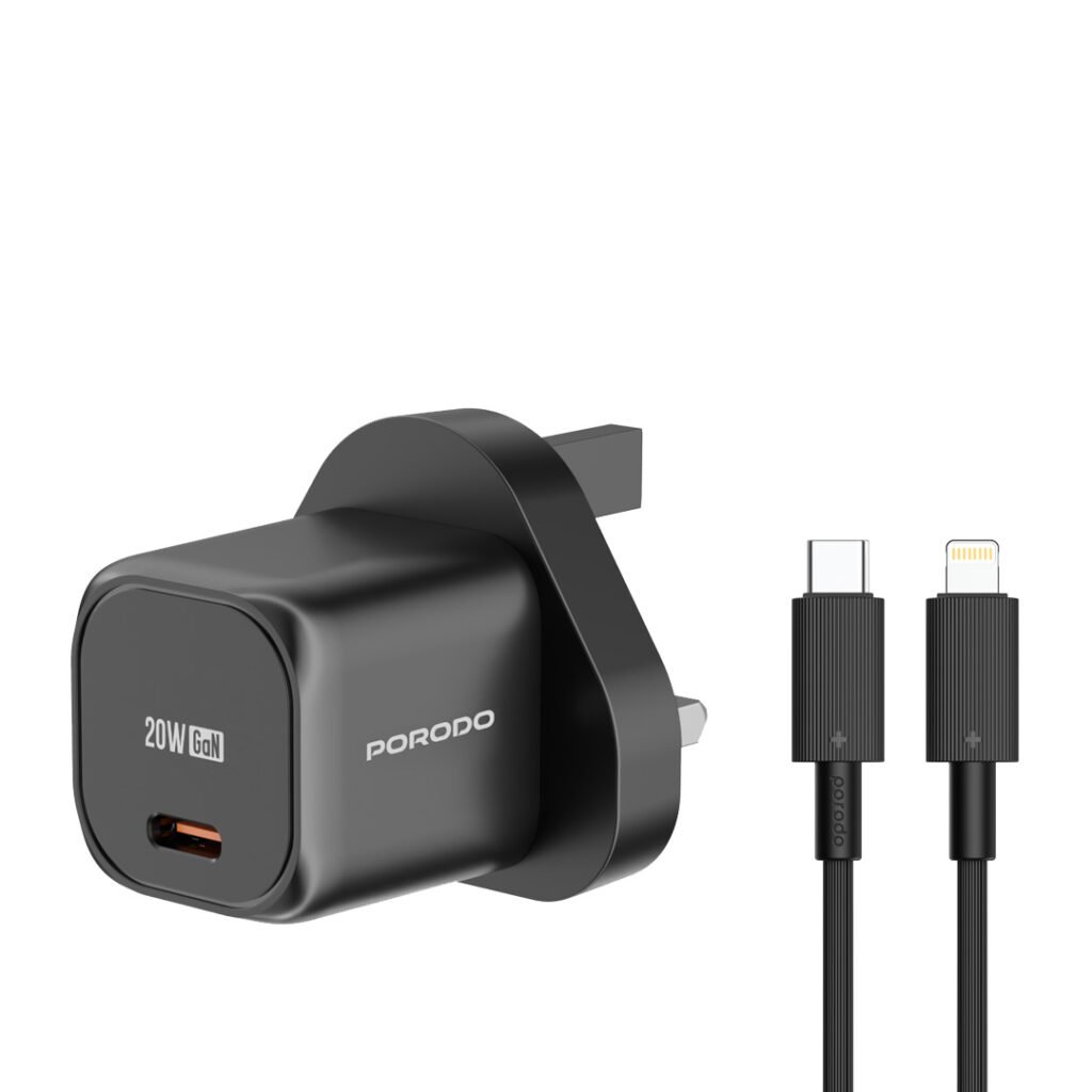 Porodo PD 20W USB-C Power Delivery GaN Wall Charger with USB-C to Lightning Cable, Over-Heat Protection, Universal Compatibility, Portable & Travel Friendly - Black