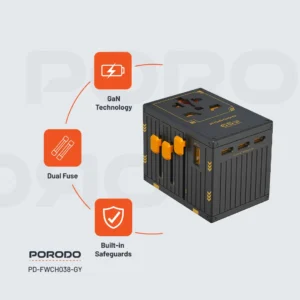 Porodo GaN 5-Port Travel Block Universal Charger, PD 65W Fast Charging, Built-in Safeguards, Dual Fuse, Fuse Protection, 4 USB-C, 1 USB-A, 2500W Max Rated Power (Gray - Image 5