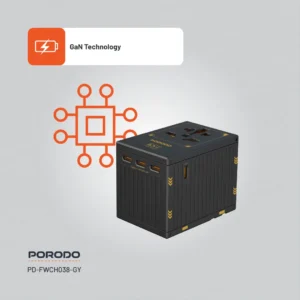 Porodo GaN 5-Port Travel Block Universal Charger, PD 65W Fast Charging, Built-in Safeguards, Dual Fuse, Fuse Protection, 4 USB-C, 1 USB-A, 2500W Max Rated Power (Gray - Image 4