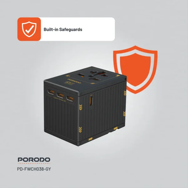 Porodo GaN 5-Port Travel Block Universal Charger, PD 65W Fast Charging, Built-in Safeguards, Dual Fuse, Fuse Protection, 4 USB-C, 1 USB-A, 2500W Max Rated Power (Gray - Image 3