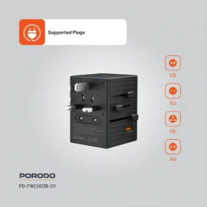 Porodo GaN 5-Port Travel Block Universal Charger, PD 65W Fast Charging, Built-in Safeguards, Dual Fuse, Fuse Protection, 4 USB-C, 1 USB-A, 2500W Max Rated Power (Gray - Image 2