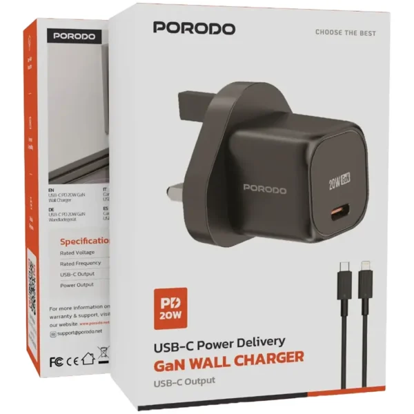 Porodo PD 20W USB-C Power Delivery GaN Wall Charger with USB-C to Lightning Cable, Over-Heat Protection, Universal Compatibility, Portable & Travel Friendly - Black - Image 2