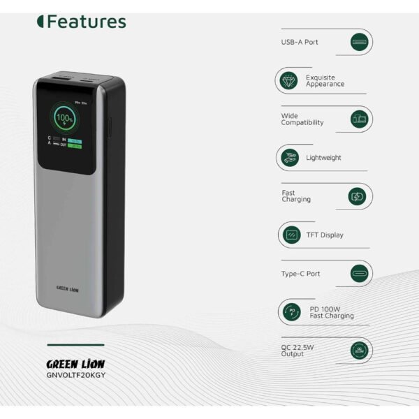 Green Lion Voltura 20000mAh Power Bank, PD 100W Fast Charging, TFT Display, Lightweight & Stylish Design, QC 22.5W USB-A Output, Wide Compatibility, Exquisite Appearance - Image 7