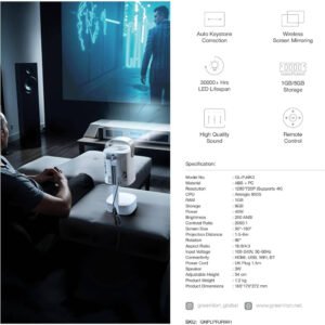 Green Lion Pluto 4K Portable Projector, Remote Control, 50"-180" Screen Size, 1280 720, 90 Rotation, 1GB RAM, 8GB Storage, 250 ANSI Brightness, Amlogic 950S CPU, (HDMI, USB, WiFi6, BT) - Image 3
