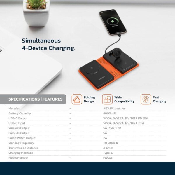 Porodo Folding 4-Device Wireless Charger, 8K mAh Battery Capacity, Wide Compatibility, Fast Charging, Folding Design, PD 20W, Type-C Charging Port, Watch Charger, Earbud Charger, Phone Charger - Black - Image 4