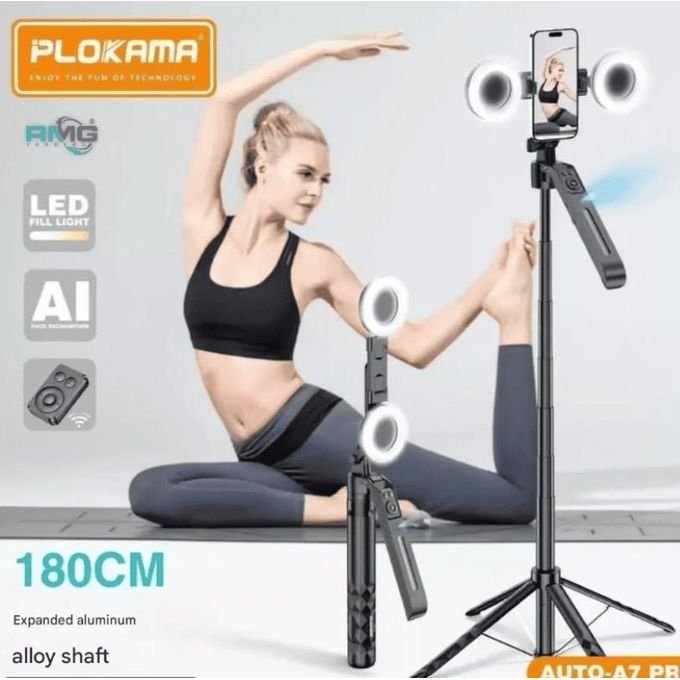 PLOKAMA Auto-A7 Pro AI 360° Rotating Tripod Portable Selfie Stick with Automatic AI Face Tracking - Black