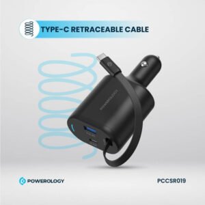 Powerology Dual Ports Car Charger, Type-C, QC USB-A,1M PVC Cable, Retractable Type-C Cord, Patented Design, Built-In Safeguards, Simultaneous Charging, PD 65W Laptop Charger - Black - Image 2