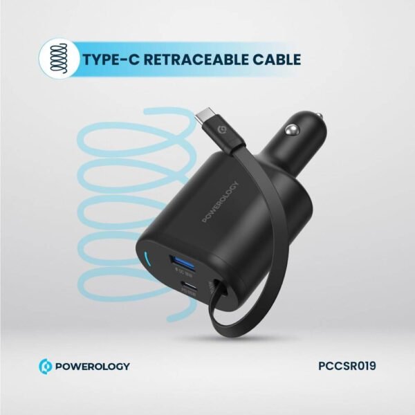 Powerology Dual Ports Car Charger, Type-C, QC USB-A,1M PVC Cable, Retractable Type-C Cord, Patented Design, Built-In Safeguards, Simultaneous Charging, PD 65W Laptop Charger - Black - Image 2