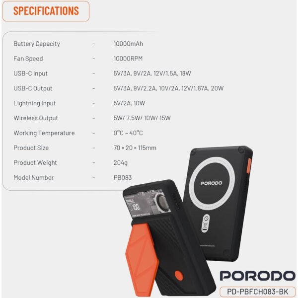 Porodo 10000mAh Power Bank, Compatible with MagSafe, Smart Thermal Cooling, Built-in Fan, Grip Stand, 20W PD, 15W Wireless Charging, LightningUSB-C Ports, Compatible with iPhone 16/15/14/13, S25 - Image 7
