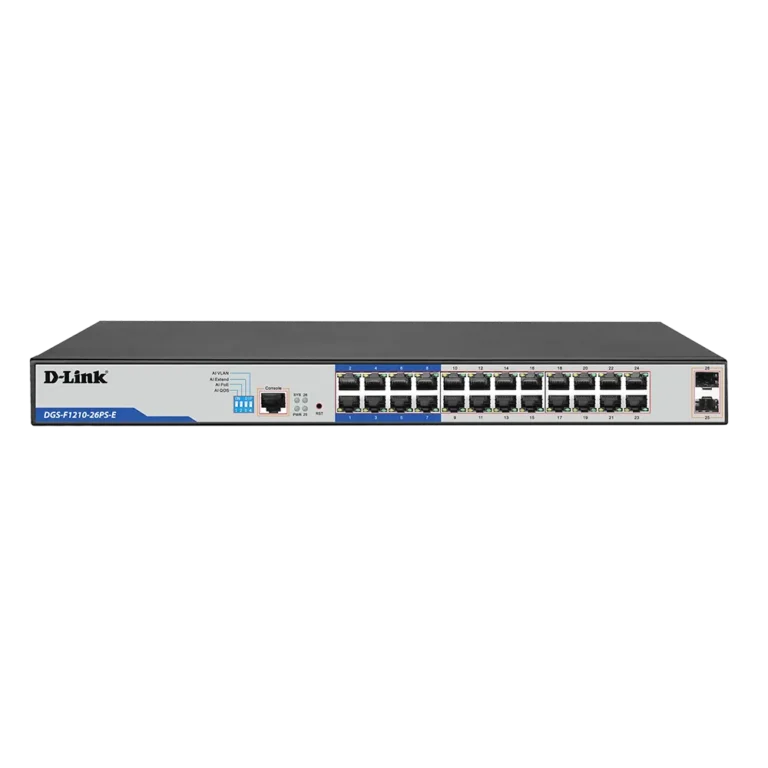 DLINK DGS-F1210-26PS-E 26-port Switch, 10/100/1000Base-T, Long Range 250m, PoE+, Smart Switch with 24 PoE Ports, 2 SFP Ports