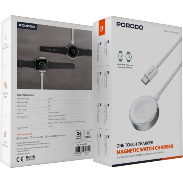 Porodo One Touch Charger magnetic Watch Charger 2.5W, Compatible with iWatchSamsung Watch, Strong Magnet, High-Speed Charging, Durable Cotton Briaded Material, USB-C Connector - White - Image 5