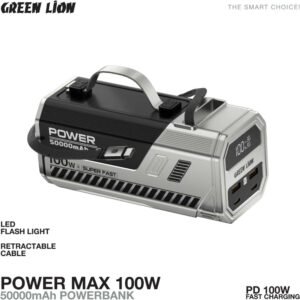 Green Lion Power Max Power Bank With High Lumens LED Flash Light, 50K mAh, 100W Fast Charging, Retractable Cable, Digital Display, Multi Device Charging - Image 3