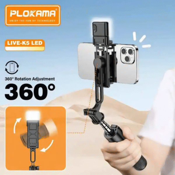 Plokama Live K5 Selfie Stick Tripod + Built-in LED Light & Bluetooth Remote – Foldable 3-in-1 Vlogging Stick - Image 5