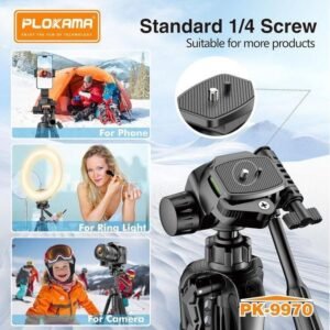 PLOKAMA PK-9970 – 180CM Tall, 360° Rotating Tripod with Bluetooth Remote, Phone Holder & Carry Bag – Compatible with DSLR, iPhone, Android - Image 4