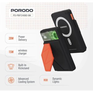 Porodo 10000mAh Power Bank, Compatible with MagSafe, Smart Thermal Cooling, Built-in Fan, Grip Stand, 20W PD, 15W Wireless Charging, LightningUSB-C Ports, Compatible with iPhone 16/15/14/13, S25 - Image 5