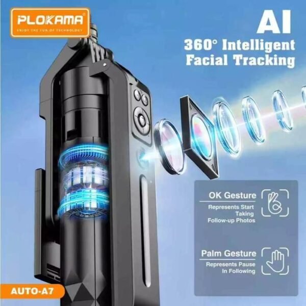 Plokama Auto-A7 AI 360° Rotating Tripod Portable Selfie Stick with Automatic AI Face Tracking - Image 8