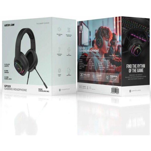 Green Lion GP32X Gaming Headphone, 50mm Speakers, 2.1m Cable Length, RGB, included micrphone, Comfortable, 360" Bendable - Image 3