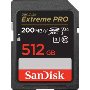 SanDisk 512GB Extreme PRO UHS-I SDXC Memory Card, Max Read Speed 200 MB/s, Max Write Speed 140 MB/s, UHS-I, V30, U3, Class 10, Records FHD, 3D & 4K Video