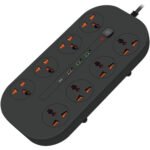 Porodo Blue Universal 8 AC Power Socket, 1 USB-C & 3 USB-A, 3 Meters Cable Length, UK Plug, Safety Shutters, Switch Control, 3000W Rated Power, 13A Max Current - Black