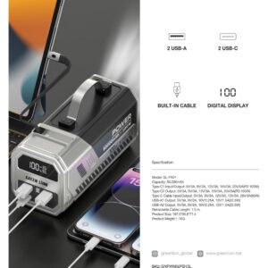 Green Lion Power Max Power Bank With High Lumens LED Flash Light, 50K mAh, 100W Fast Charging, Retractable Cable, Digital Display, Multi Device Charging - Image 5