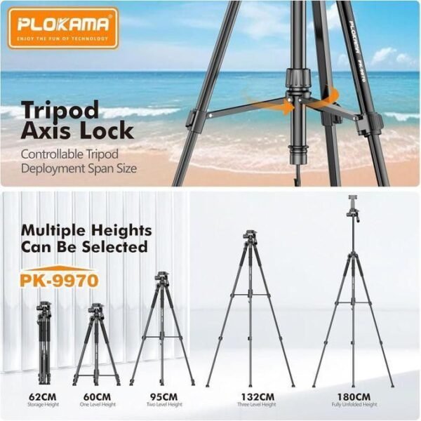 PLOKAMA PK-9970 – 180CM Tall, 360° Rotating Tripod with Bluetooth Remote, Phone Holder & Carry Bag – Compatible with DSLR, iPhone, Android - Image 6