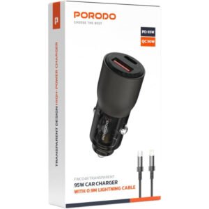 Porodo 95W Car iPhone Charger Transparent, QC 30W, Zinc Alloy + PC, Universal Compatibility, 12-24V Input, 65W Max USB-C Output, 30W Max USB-A Output (Grey, With Lightning Head Cable) - Image 7