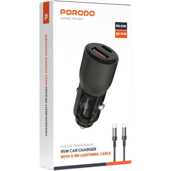 Porodo 95W Car iPhone Charger Transparent, QC 30W, Zinc Alloy + PC, Universal Compatibility, 12-24V Input, 65W Max USB-C Output, 30W Max USB-A Output (Grey, With Lightning Head Cable) - Image 7