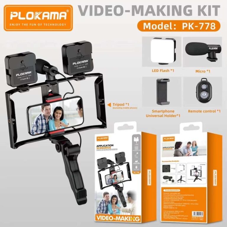 Plokama PK-778 Vlogger Cellphone Video Kit, LED Mobile Camera Photography, Tripod, LED Flashlight, Microphone, Phone Holder, Remote Control
