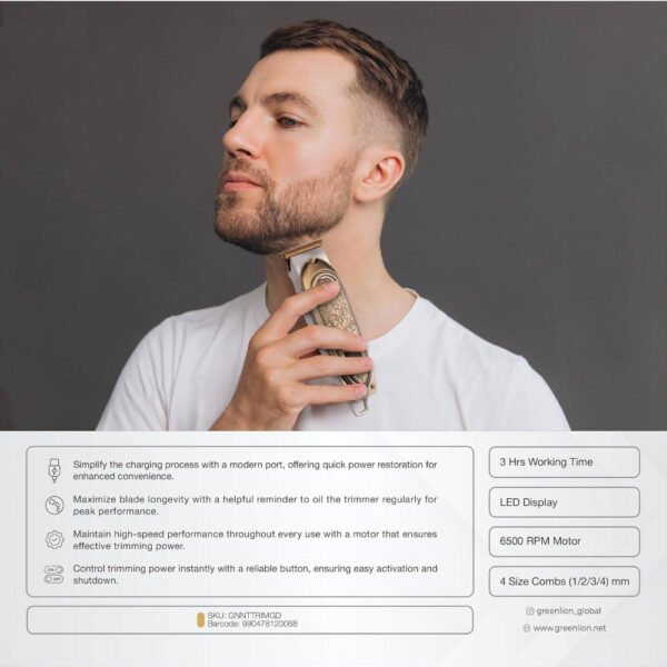 Green Lion Gentleman Hair Trimmer 5W, 1/2/3/4 mm Combs Size, Titanium Coated Blade, 1200 mAh Battery,Oil Reminder, LED Display, 6500 RPM, 3H Working Time, 280 DC Motor - Gold - Image 4