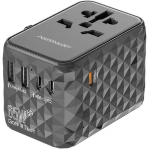 Powerology 65W Universal Multi-Port Travel Adapter, Gan Technology, 0% – 60% 35 Minutes, Support UK/US/EU/AUS Plug’s, Laptop Charger, 3x Type_C and 2x Type_A Port’s – Gray