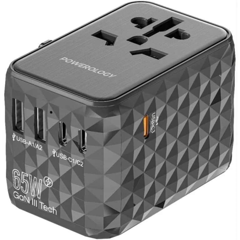 Powerology 65W Universal Multi-Port Travel Adapter, Gan Technology, 0% – 60% 35 Minutes, Support UK/US/EU/AUS Plug’s, Laptop Charger, 3x Type_C and 2x Type_A Port’s – Gray